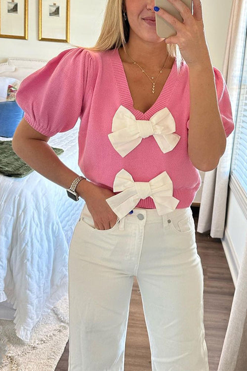 Chandani - V Neck Bow Knot Knit Top