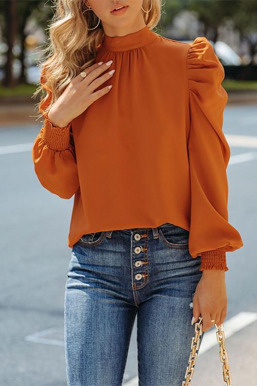 Prudence - Mockneck Ruffle Puff Sleeve Blouse Top