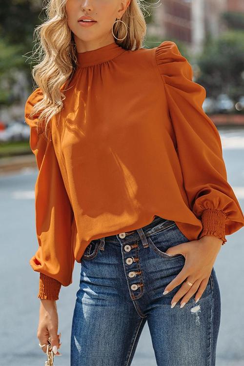 Prudence - Mockneck Ruffle Puff Sleeve Blouse Top