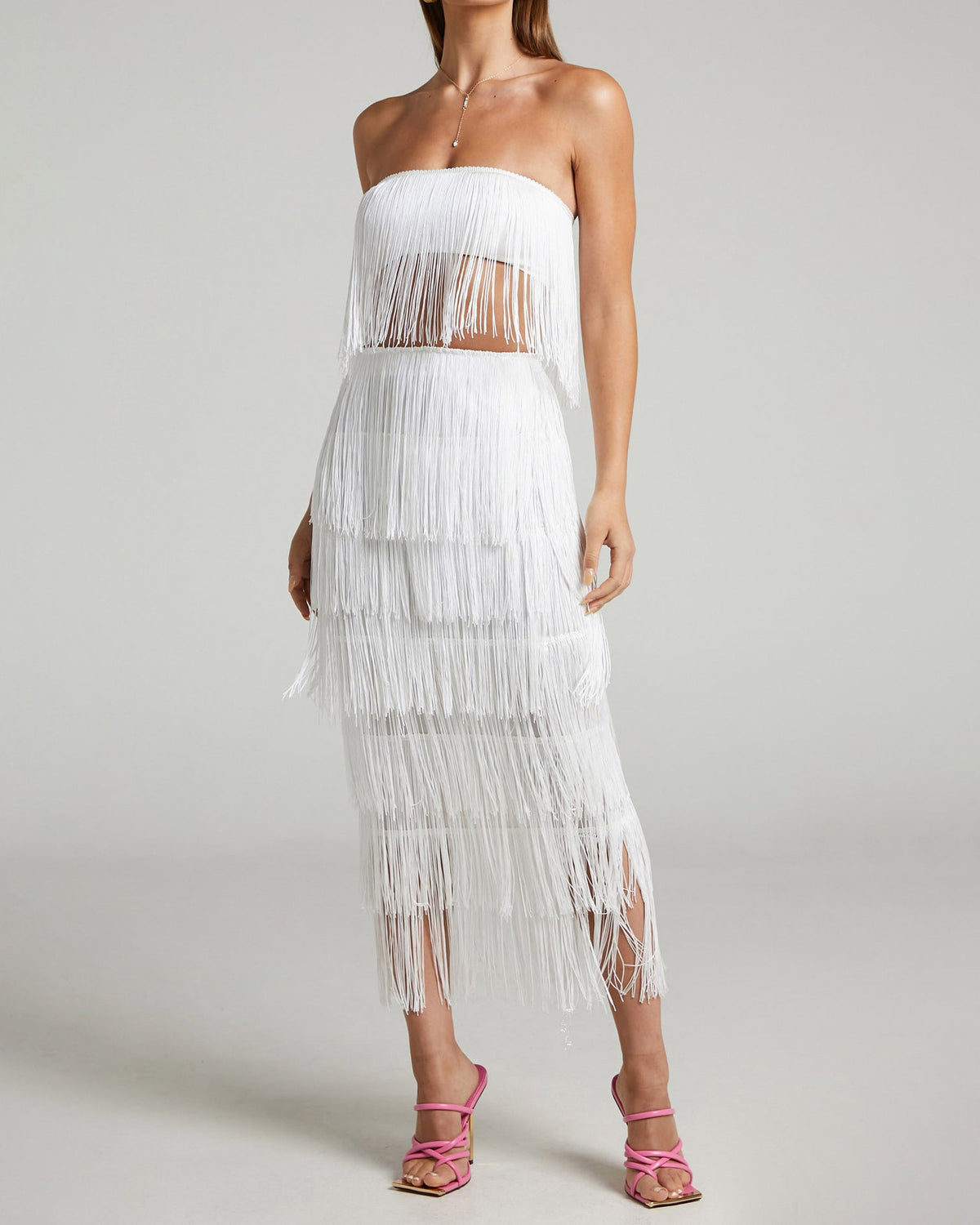 Mirabella - One-Shoulder Fringed Skirt Set