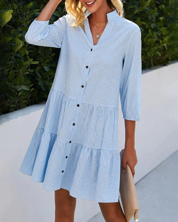 Pia - Elegant Checkered Tiered Shirt Dress