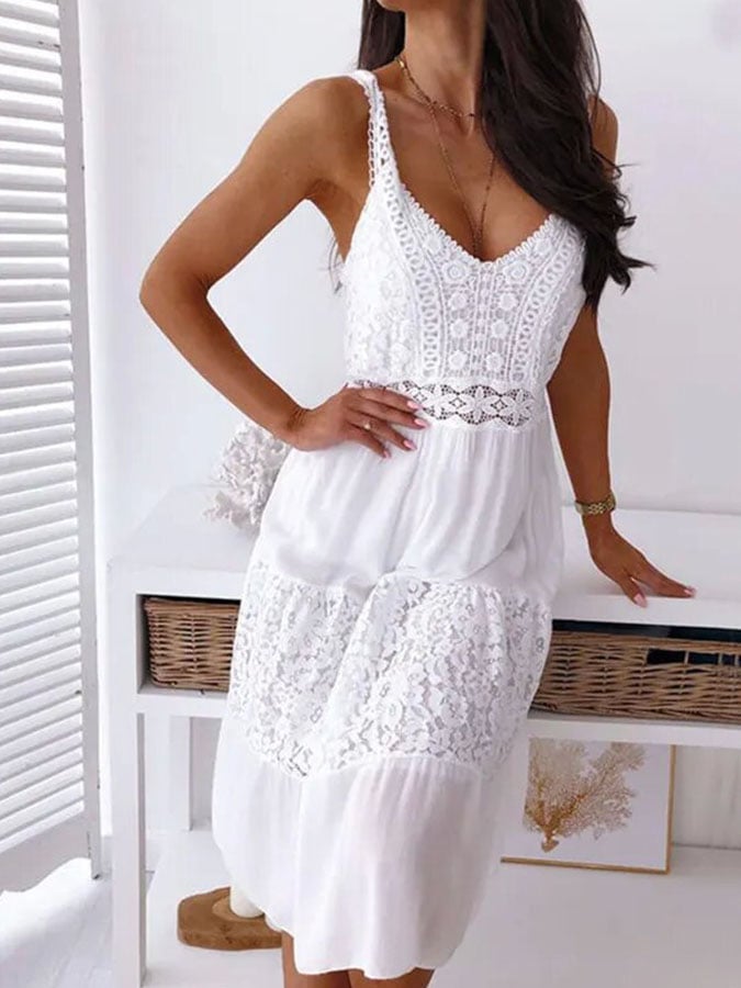 Gemma - V-Neck Suspenders White Dress