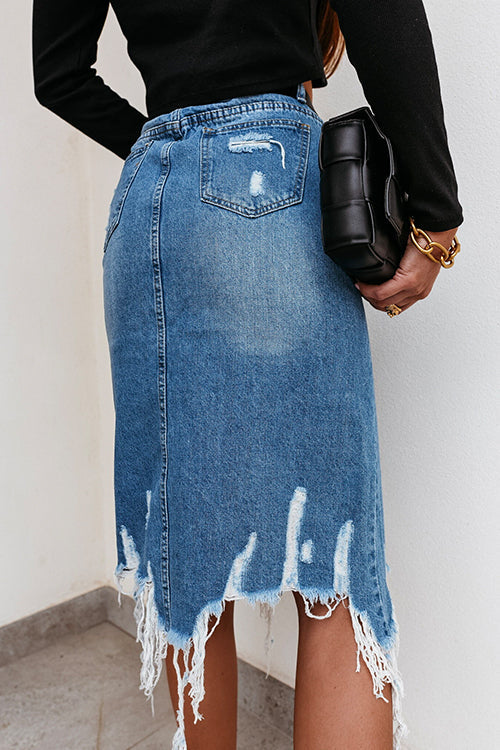 Evathe - Frayed Hem Ribbed Denim Skirt