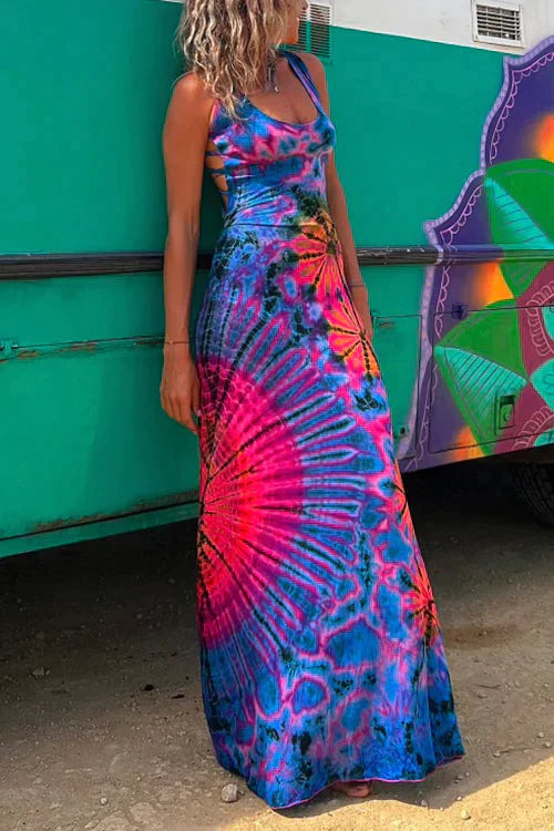 Aya - Lace-Up Tie Dye Maxi Dress