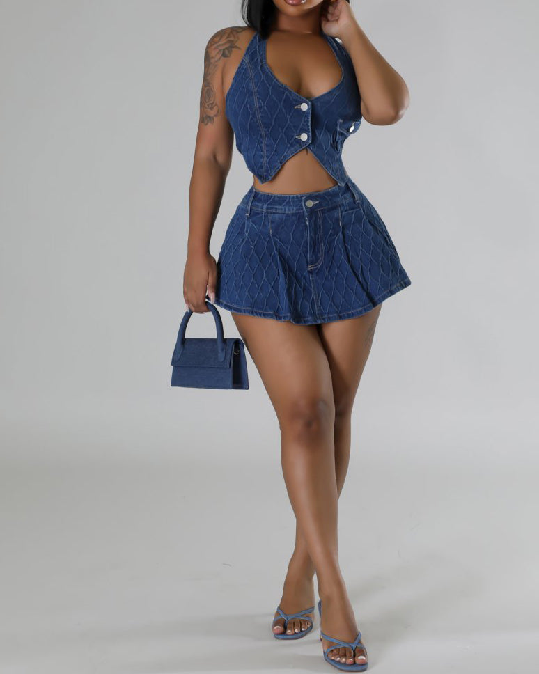 Narcisa - Halter Neck Denim Mini Skirt Set