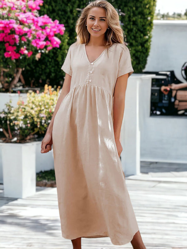 Anivia - Loose Buttoned V-Neck Short Sleeved Long Dress