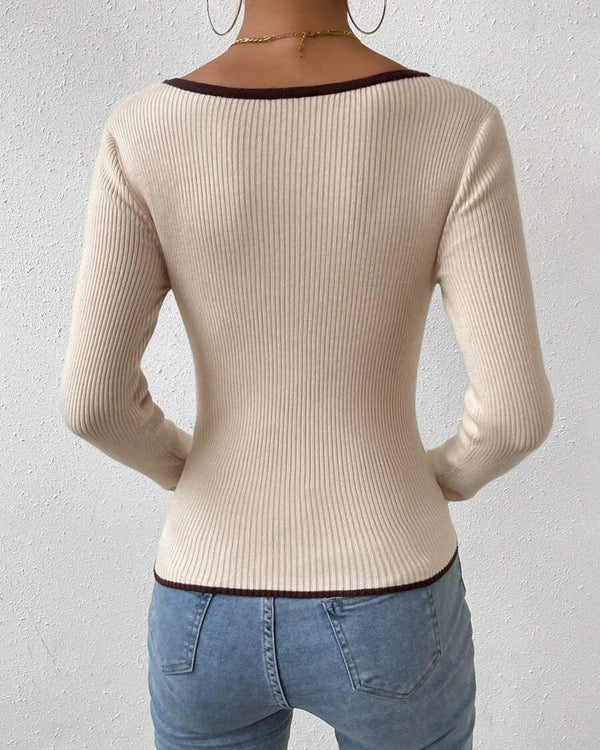 Leontina - V-Neck Contrast Knitted Sweater