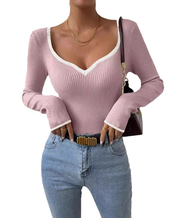 Leontina - V-Neck Contrast Knitted Sweater