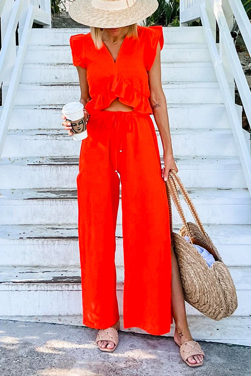 Eileen - V Neck Ruffle Crop & Wide Leg Pants Set