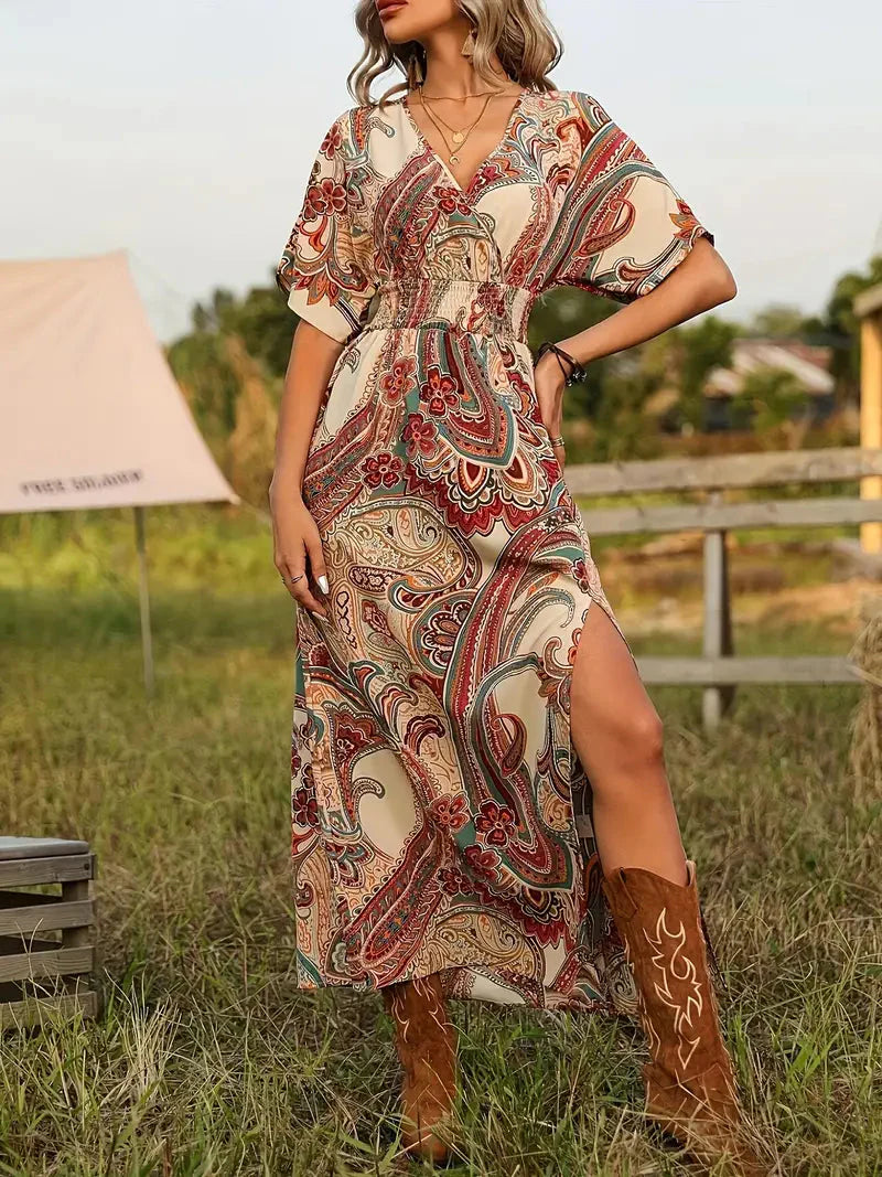 Anissa - Paisley V-Neck Boho Maxi Dress