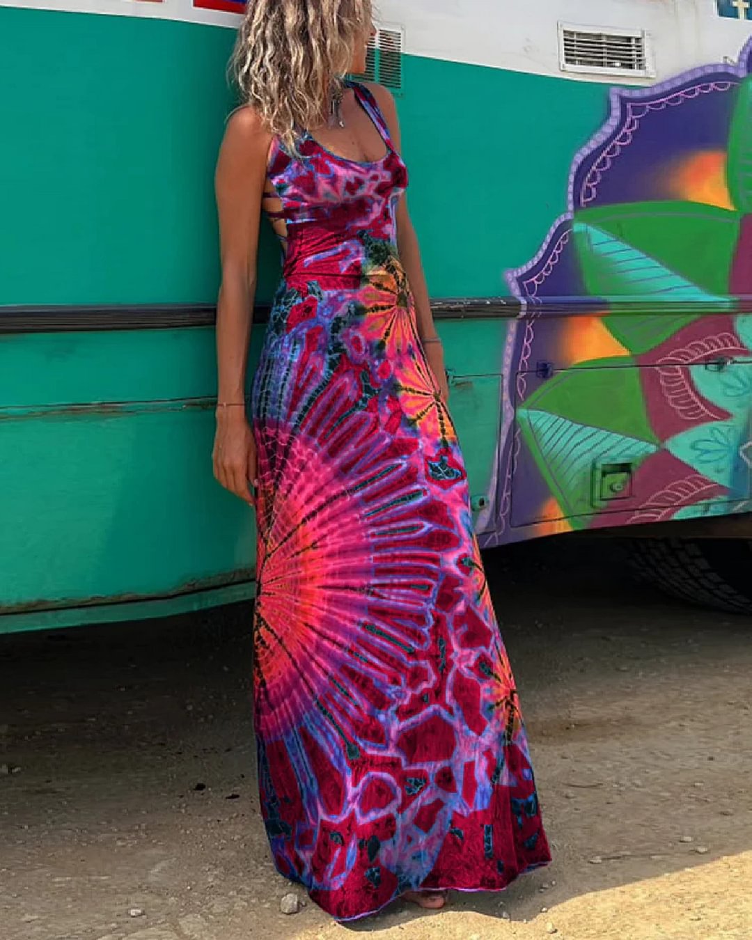 Aya - Lace-Up Tie Dye Maxi Dress