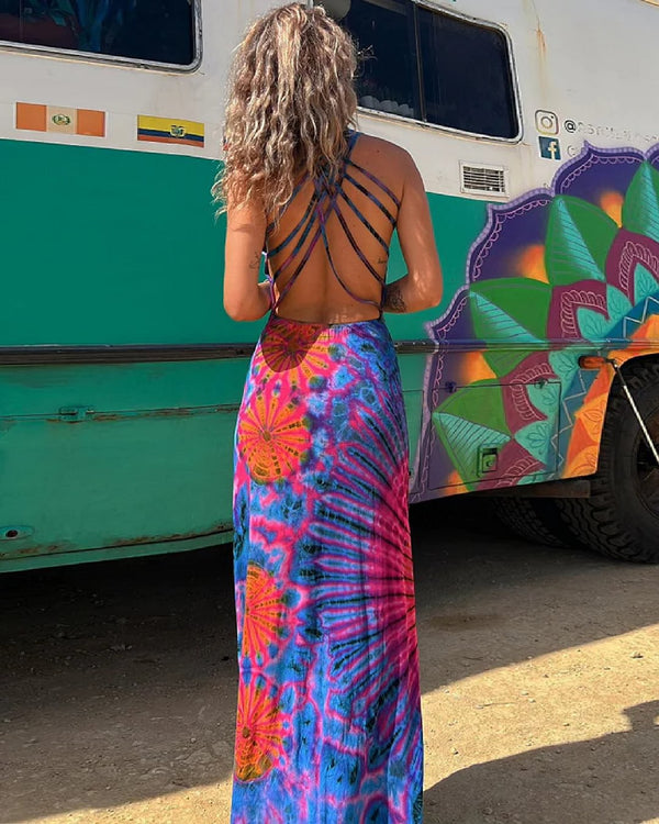 Aya - Lace-Up Tie Dye Maxi Dress