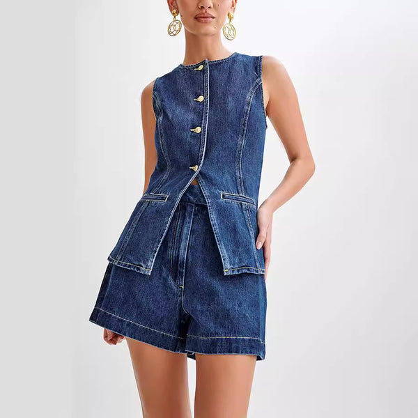 Gerda - Denim Vest and Shorts Set