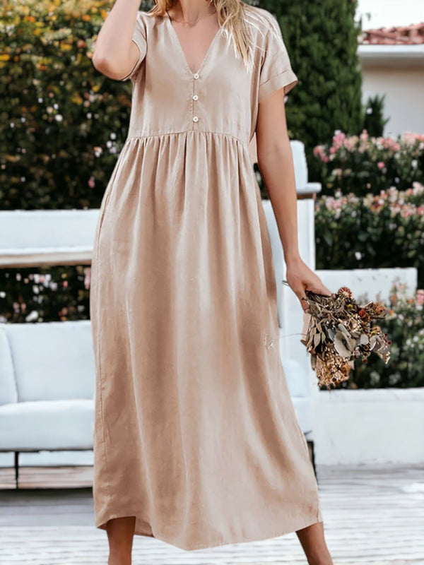 Anivia - Loose Buttoned V-Neck Short Sleeved Long Dress