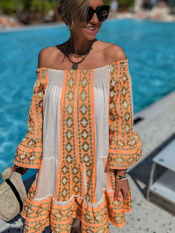 Malaine - Ethnic-print Off-shoulder Mini Dress