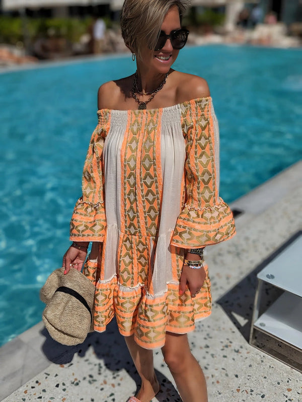 Malaine - Ethnic-print Off-shoulder Mini Dress