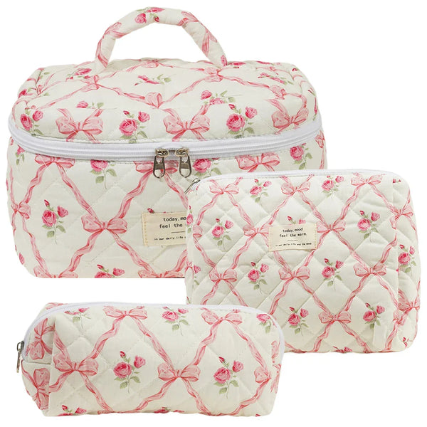 Merlie - Quilted Floral Cosmetic Makeup Bag Set (3pcs)