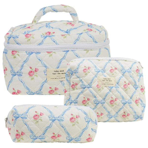 Merlie - Quilted Floral Cosmetic Makeup Bag Set (3pcs)