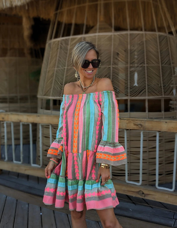 Malaine - Ethnic-print Off-shoulder Mini Dress