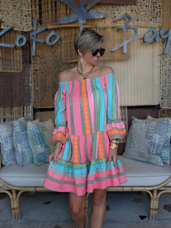 Malaine - Ethnic-print Off-shoulder Mini Dress