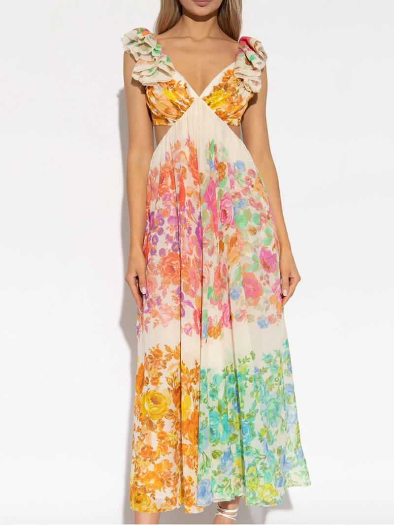 Bianca - Hollow Out Floral Print Maxi Dress