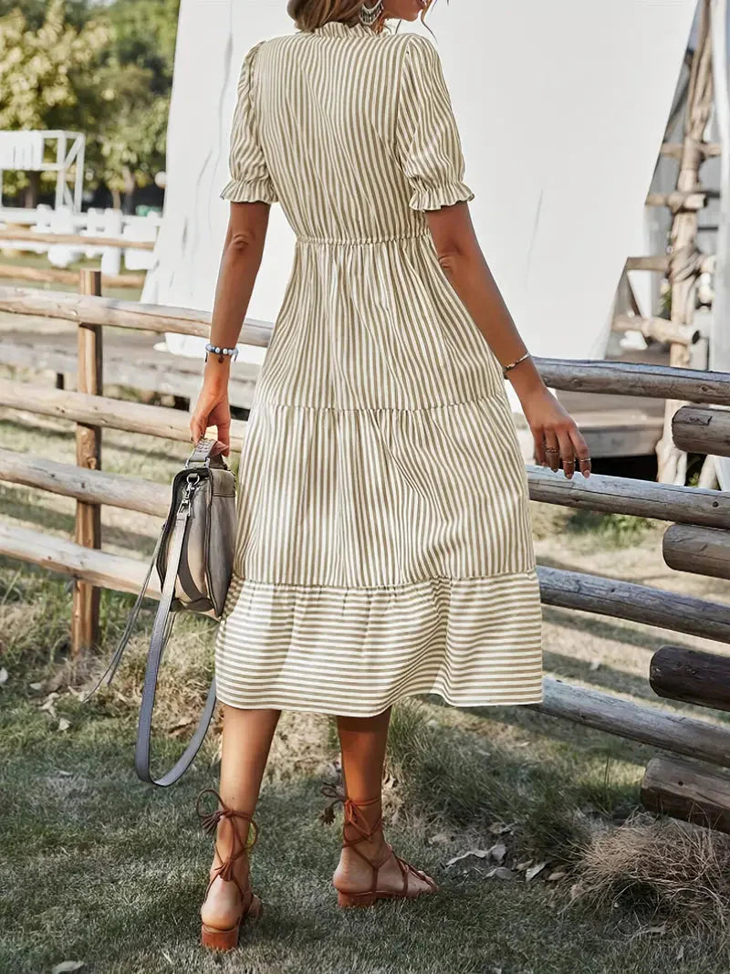 Adrienne - Chic V-Neck Stripe Midi Dress