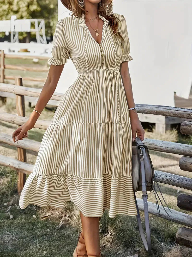 Adrienne - Chic V-Neck Stripe Midi Dress