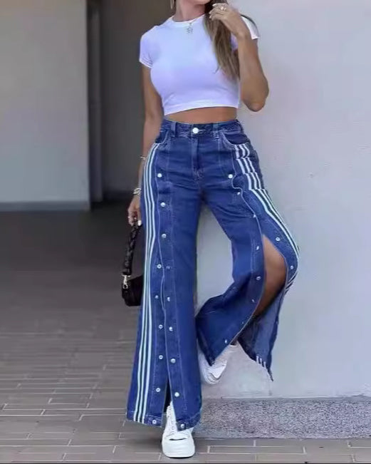 Kemena - Three Stripes Wide Leg Jeans