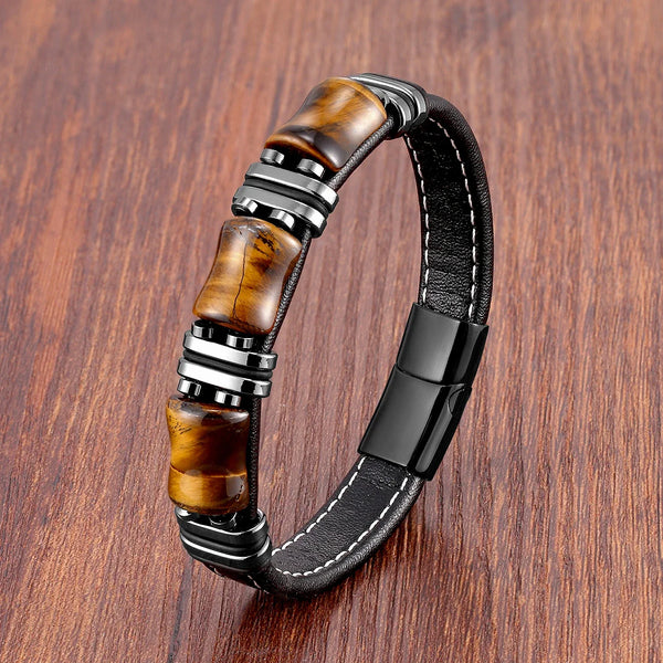 TigerSpirit - Natural Tiger Eye Stone Leather Bracelet - Strength & Protection