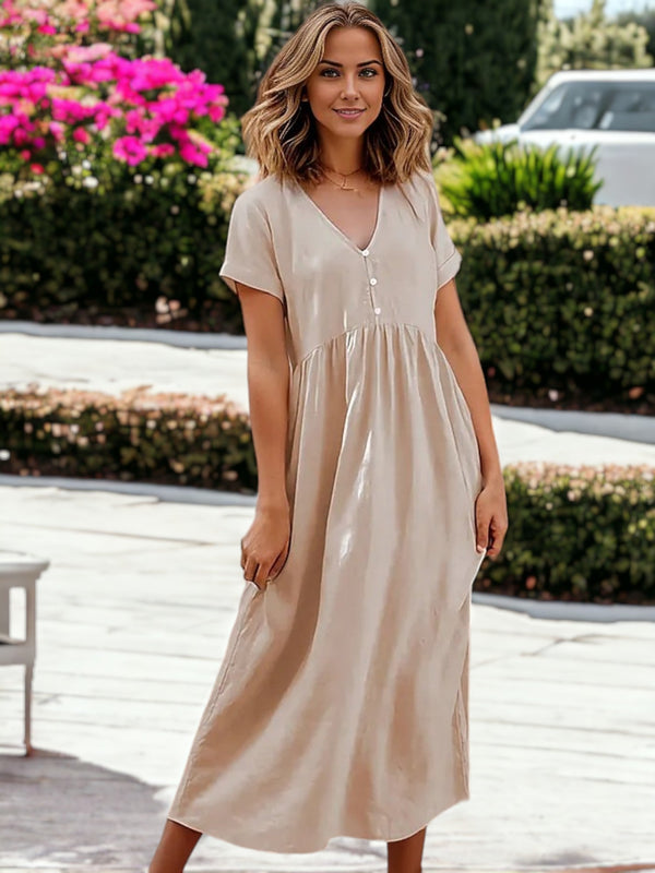 Anivia - Loose Buttoned V-Neck Short Sleeved Long Dress