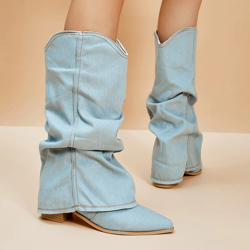 Emery - Slouchy Denim Knee-High Boots