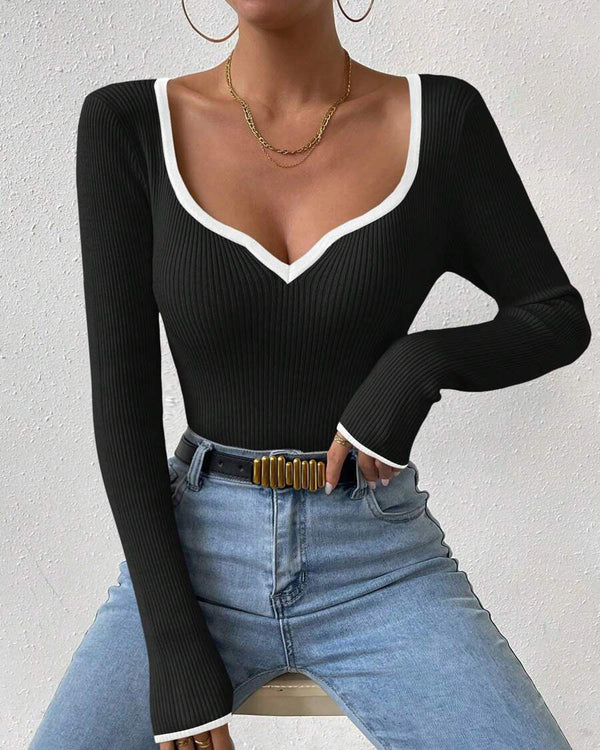 Leontina - V-Neck Contrast Knitted Sweater