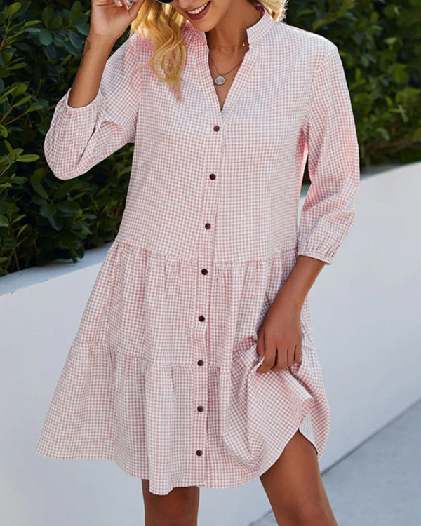 Pia - Elegant Checkered Tiered Shirt Dress