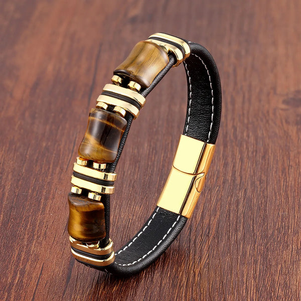 TigerSpirit - Natural Tiger Eye Stone Leather Bracelet - Strength & Protection