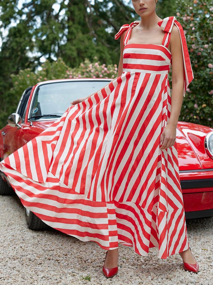 Nicole - Elegant Striped Red Maxi Dress